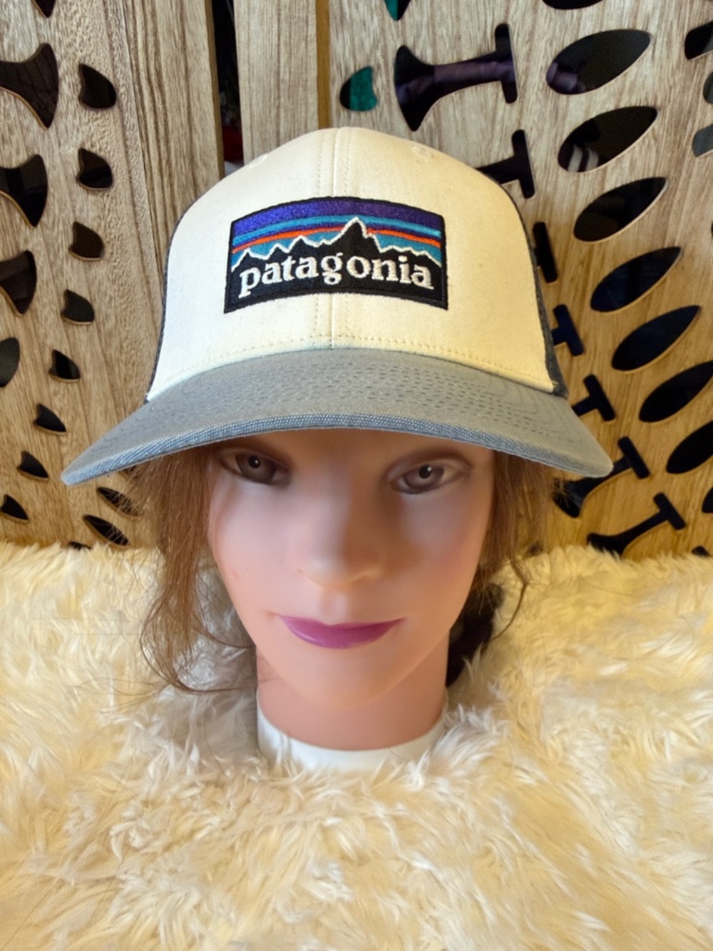 Patagonia Two-Tone Patch Logo Trucker Hat - Cream and Gray